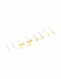 Waterproof Gold Plated Stainless Steel Cubic Zirconia & Heart Stud Earrings 4-Pack - link has visual effect only