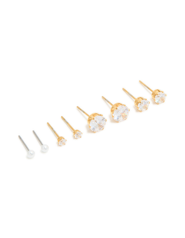 Waterproof Gold Plated Stainless Steel Cubic Zirconia & Pearl Classic Stud Earrings 4-Pack