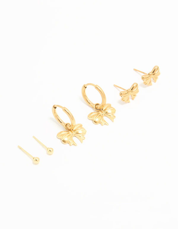 Waterproof Gold Plated Stainless Steel Bow Stacker Earrings 3-Pack