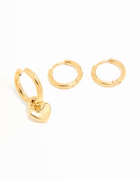 Waterproof Gold Plated Stainless Steel Heart Huggies & Classic Stud Earrings 3-Pack - link has visual effect only