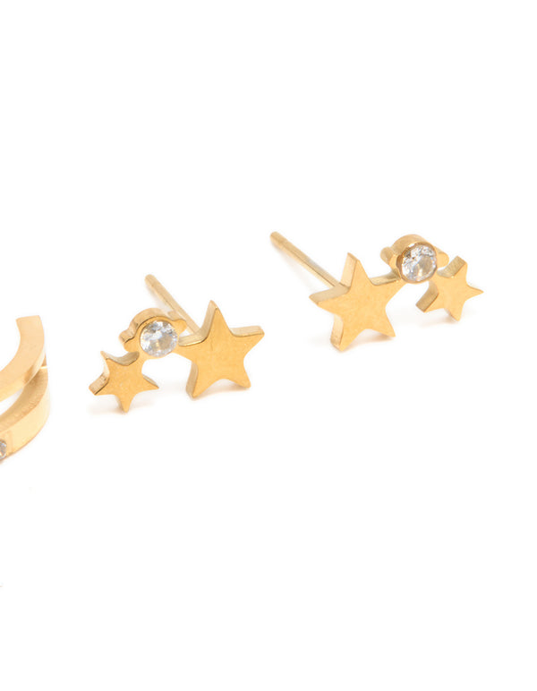 Waterproof Gold Plated Stainless Steel Cubic Zirconia Celestial Stud Earrings 3-Pack