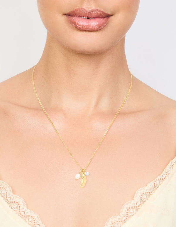 Waterproof Gold Plated Stainless Steel Freshwater Pearl Seahorse Necklace