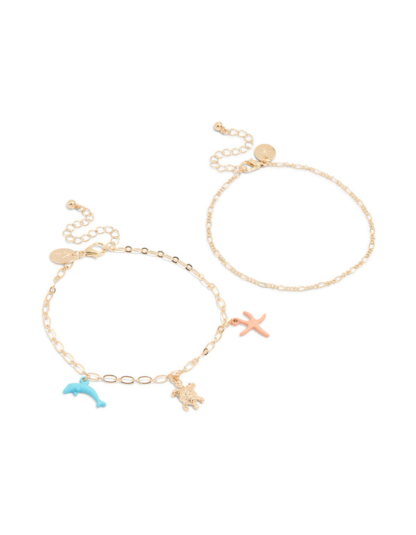 Gold Sea Animal & Chain Anklets 2-Pack