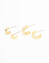 Gold Plated Cubic Zirconia Plain & Baguette Hoop Earrings 2-Pack - link has visual effect only