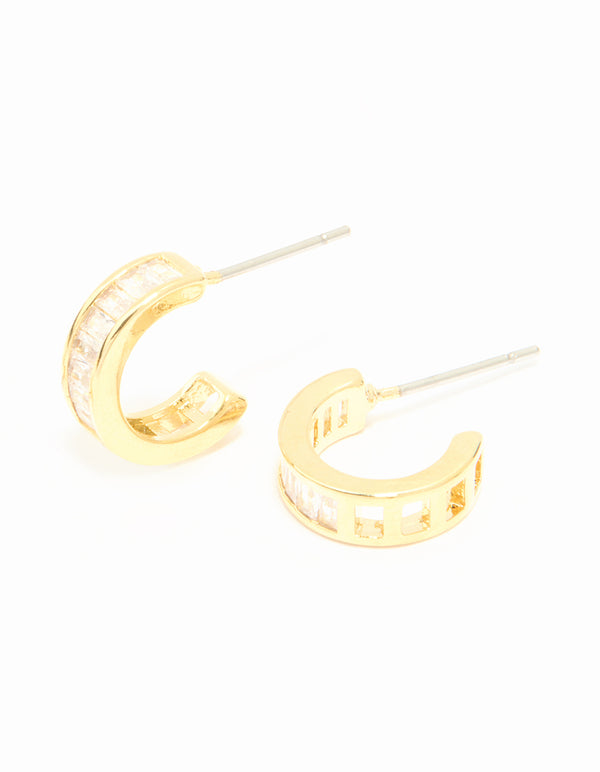 Gold Plated Cubic Zirconia Plain & Baguette Hoop Earrings 2-Pack