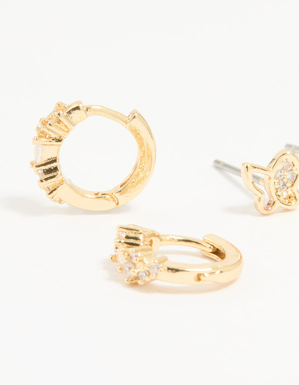 Gold Plated Cubic Zirconia Butterfly Huggie & Stud Earrings 2-Pack