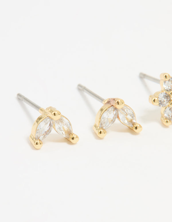 Gold Plated Cubic Zirconia Flower & Leaf Stud Earrings 2-Pack