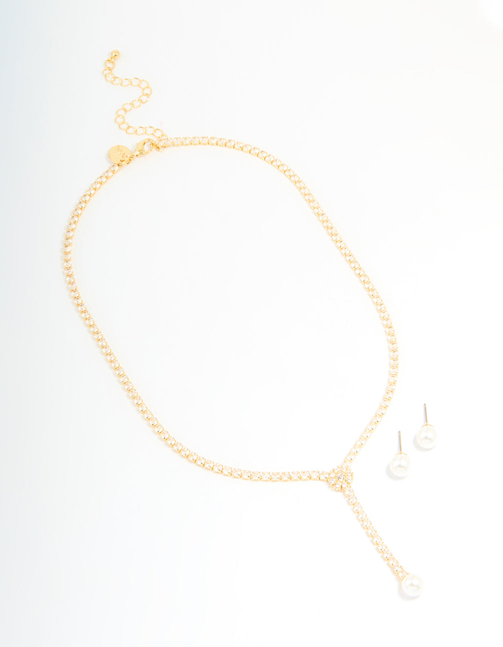 Gold Plated Pearl Flower Cubic Zirconia Y-Necklace & Earrings Set