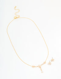 Gold Plated Cubic Zirconia Flower Drop Necklace & Earrings Set - link has visual effect only