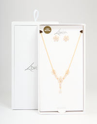 Gold Plated Cubic Zirconia Flower Drop Necklace & Earrings Set - link has visual effect only