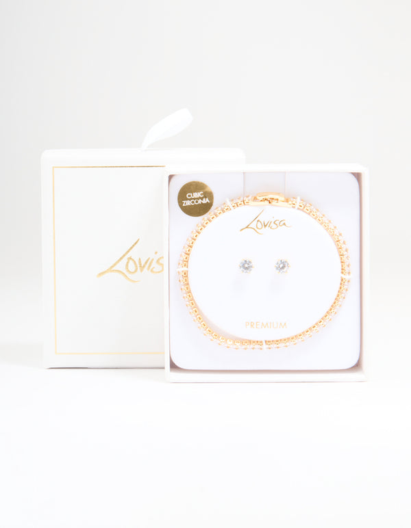 Gold Plated Cubic Zirconia Tennis Bracelet & Earrings Set