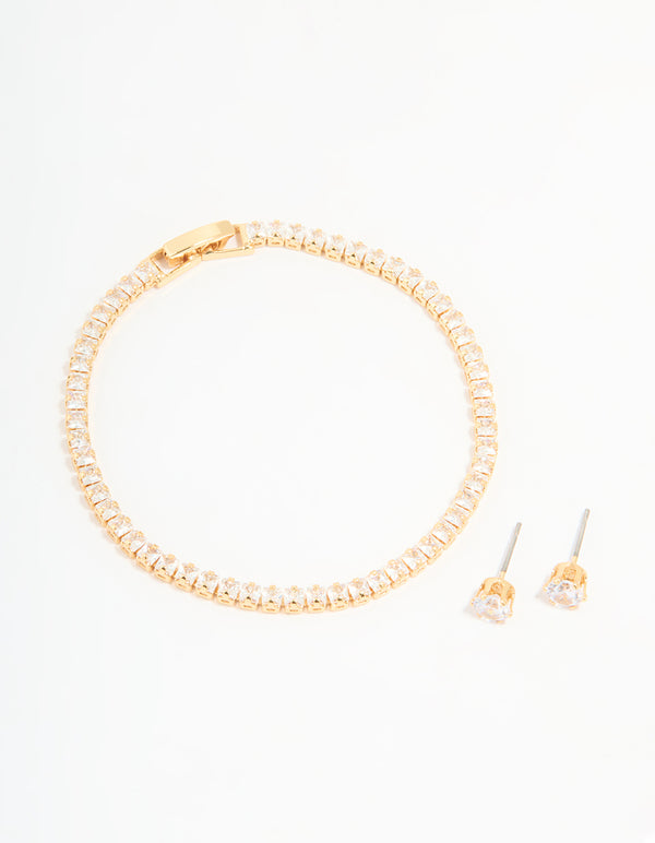 Gold Plated Cubic Zirconia Tennis Bracelet & Earrings Set