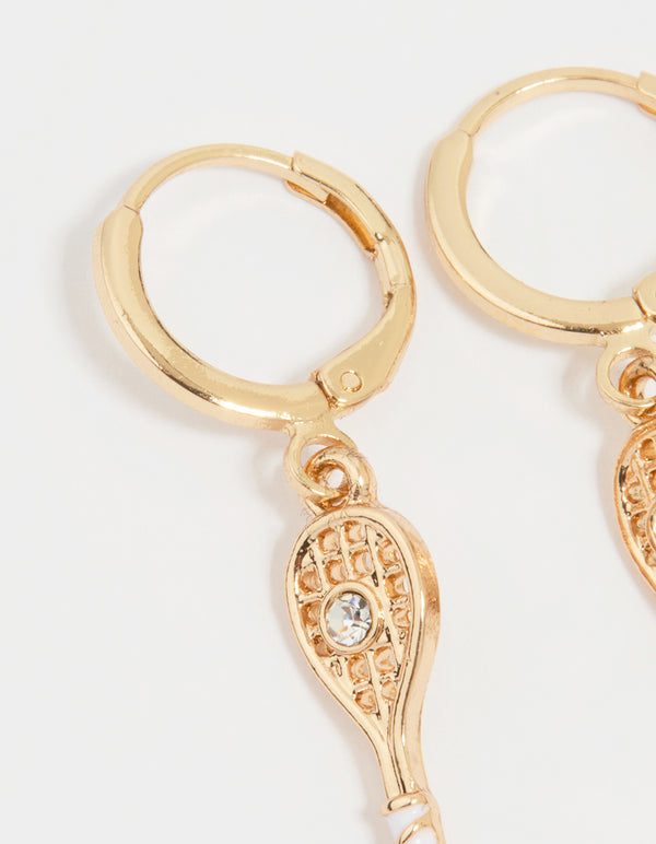 Gold Diamante Tennis Racket Huggie Earrings