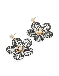 Gold Diamante Pearl Black Filigree Flower Drop Earrings - link has visual effect only