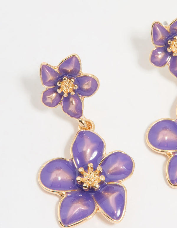 Gold Purple Tiered Flower Drop Earrings