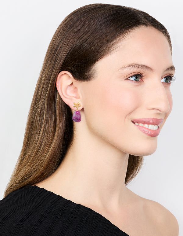 Gold Purple Stone & Bow Drop Earrings