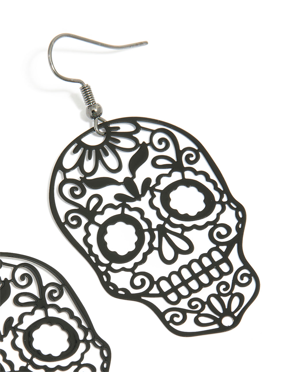 Black Coated Metal Skeleton Face Drop Earrings