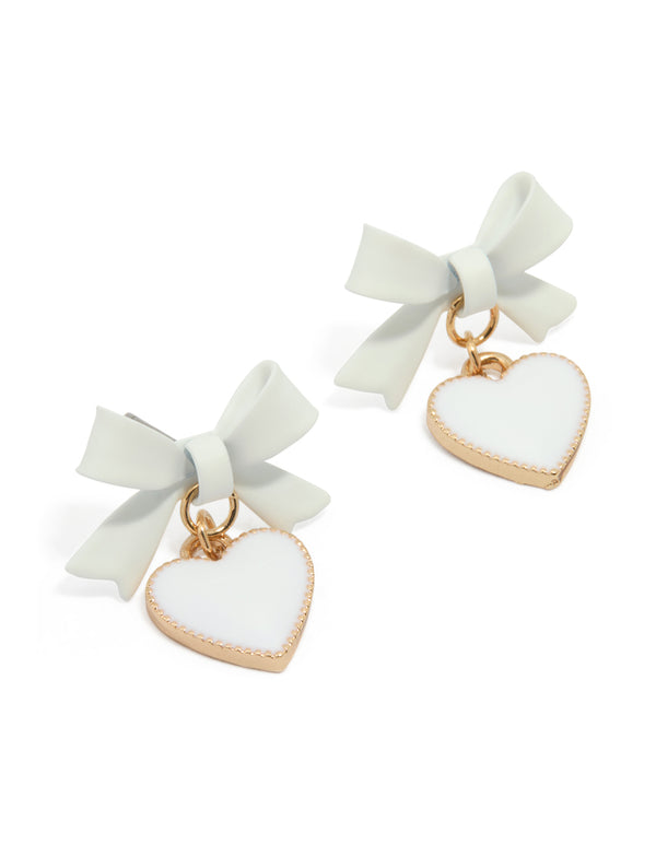 Gold White Coated Metal Bow Drop Heart Stud Earrings