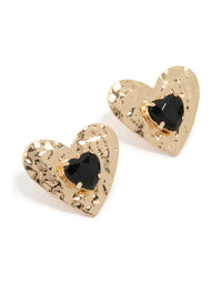 Gold Black Diamante Center Heart Stud Earrings - link has visual effect only