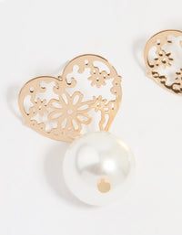 Gold Pearl Textured Heart Drop Earrings - link has visual effect only
