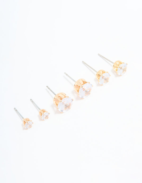 Gold Diamante Graduating Size Stud Earrings 3-Pack