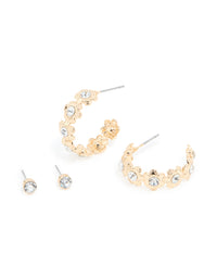 Gold Diamante Flower Hoop & Classic Stud Earrings 2-Pack - link has visual effect only