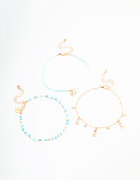 Gold Diamante Fish & Blue Beaded Anklets 3-Pack - link has visual effect only