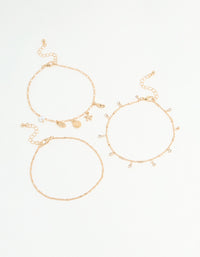 Gold Diamante & Ocean Charm Anklets 3-Pack - link has visual effect only