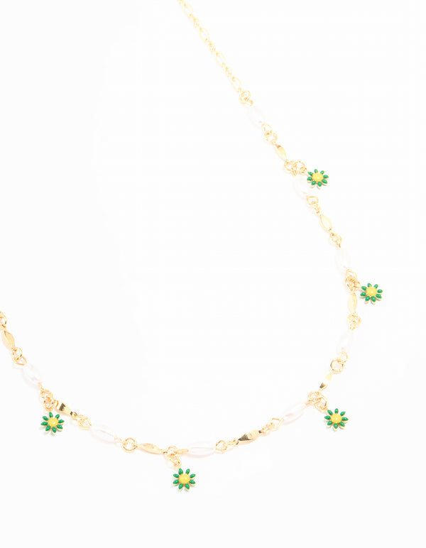 Gold Pearl & Green Flowers Waist Chain