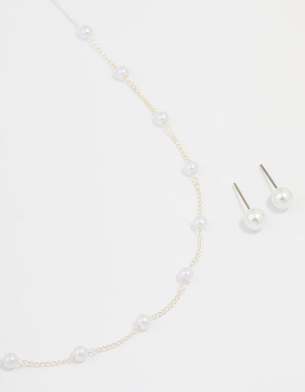Silver Pearl Necklace & Earrings Set