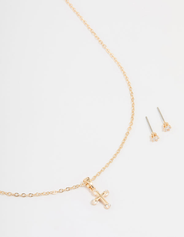 Gold Cubic Zirconia Cross Necklace & Earrings Set