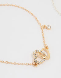 Mixed Metal Diamante Heart Link Bracelets 2-Pack - link has visual effect only