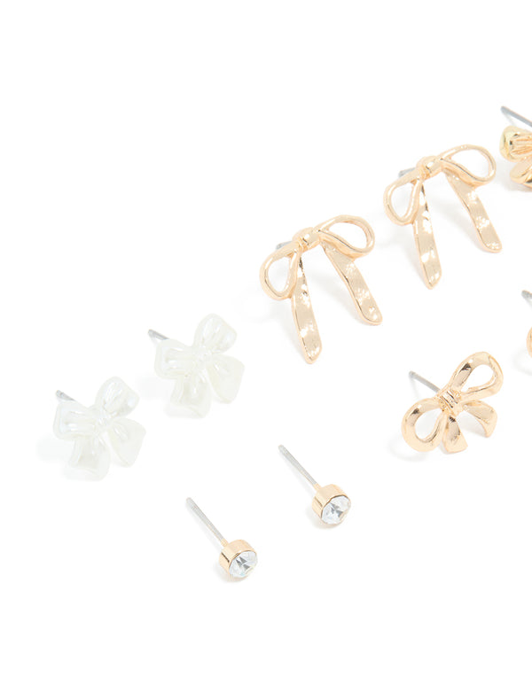 Gold Pearl & Diamante Stud Earrings 8-Pack