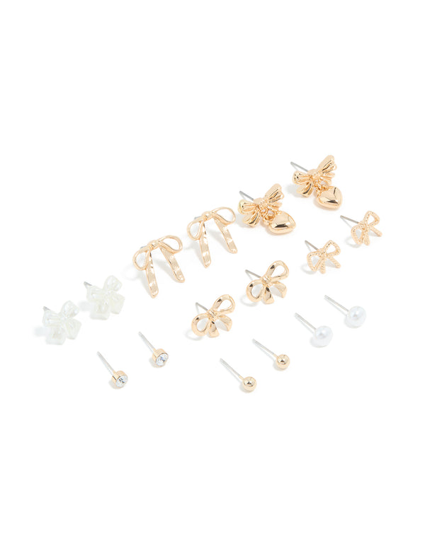 Gold Pearl & Diamante Stud Earrings 8-Pack