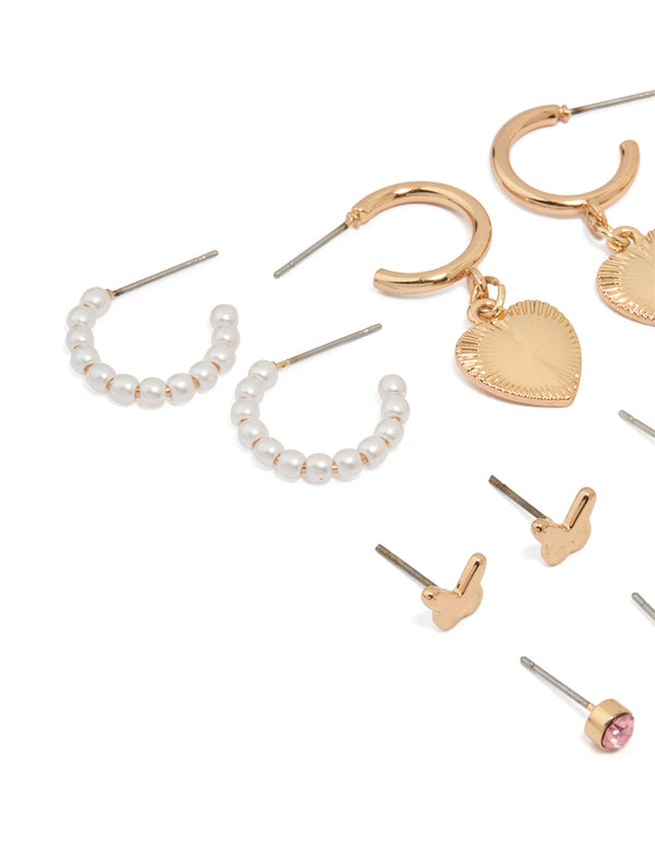 Gold Heart & Bow Stud & Hoop Earrings 12-Pack