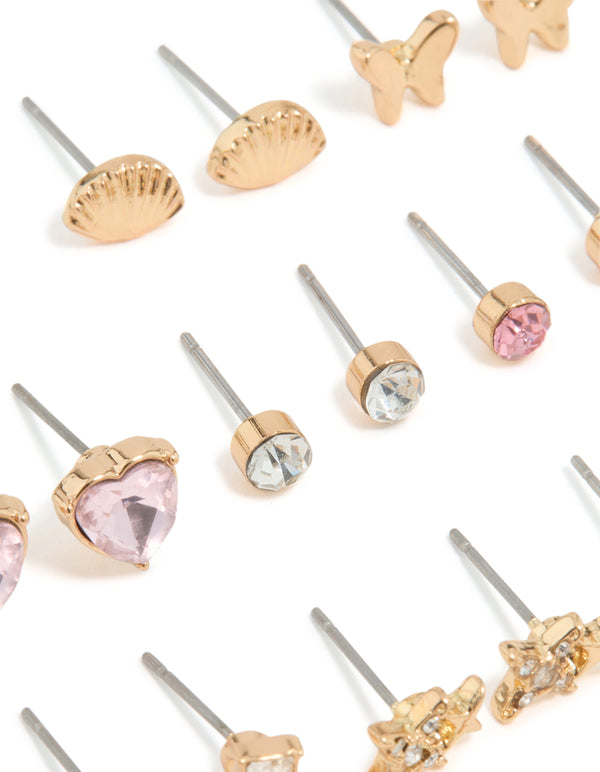 Gold Shell & Heart Mixed Earrings 12-Pack