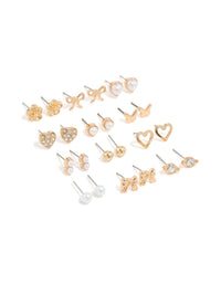 Gold Pearl & Heart Stud Earrings 12-Pack - link has visual effect only