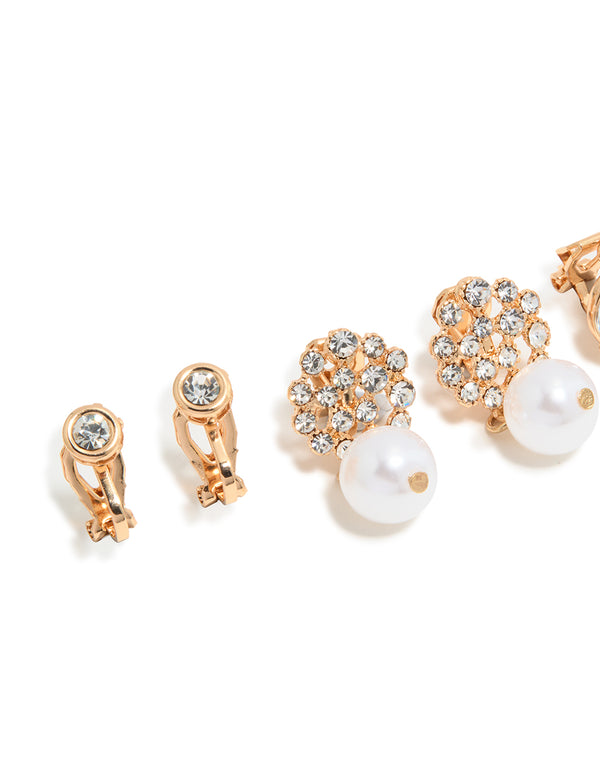 Gold Diamante & Pearl Clip-On Earrings 4-Pack