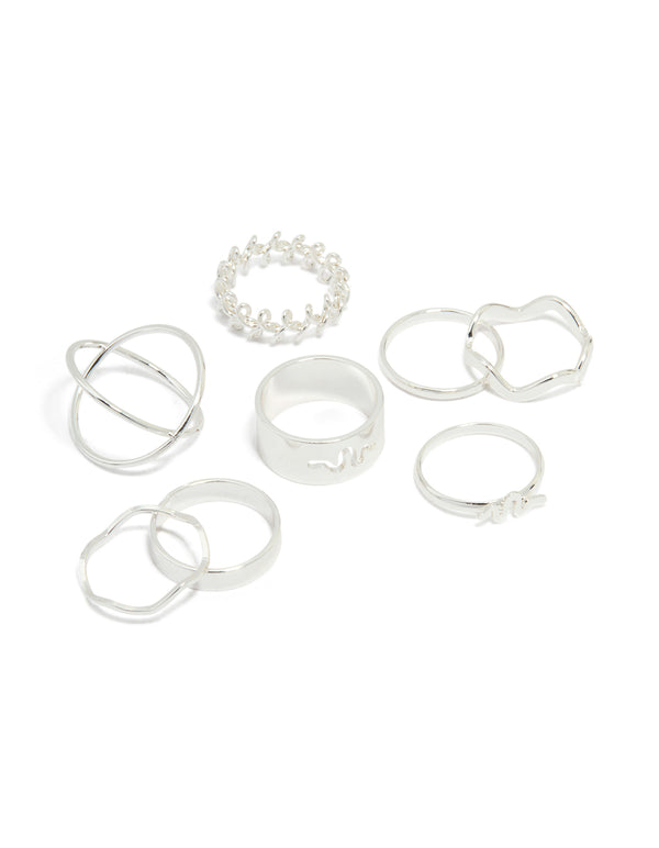 Silver Snake& Wavy Rings 8-Pack