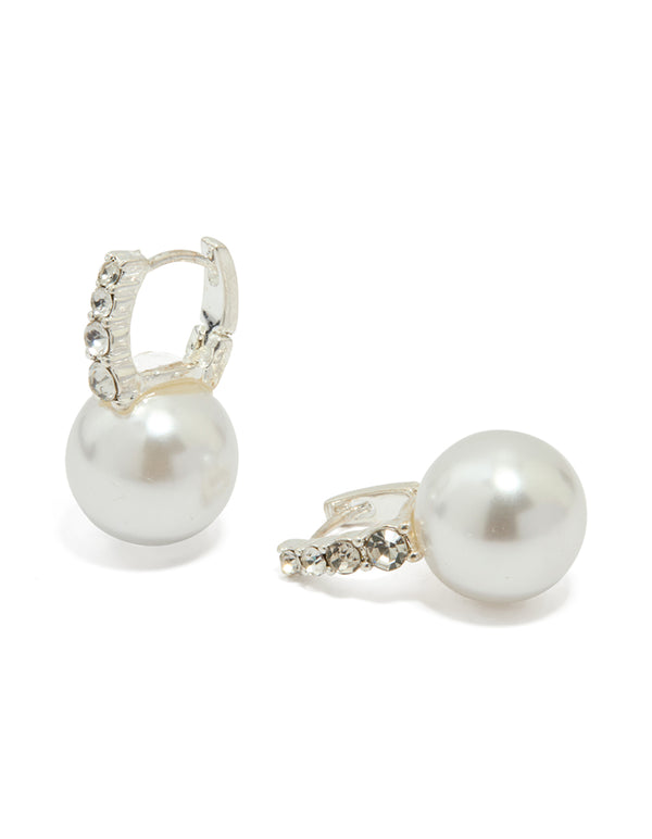 Silver Diamante Pearl Huggie Earrings