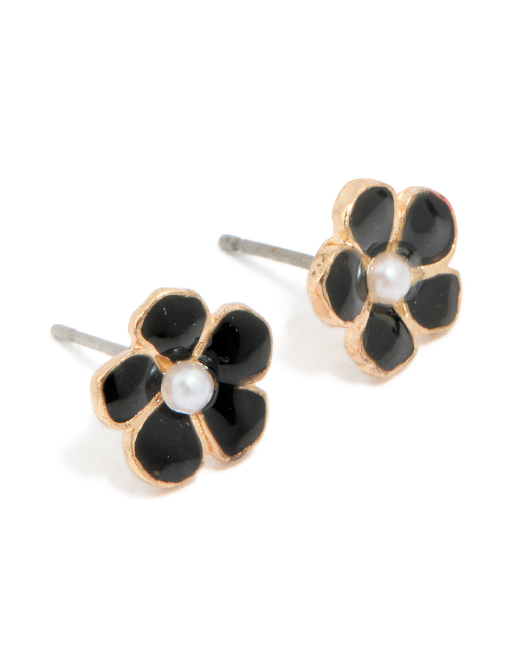 Gold Pearl Center Black Flower Stud Earrings