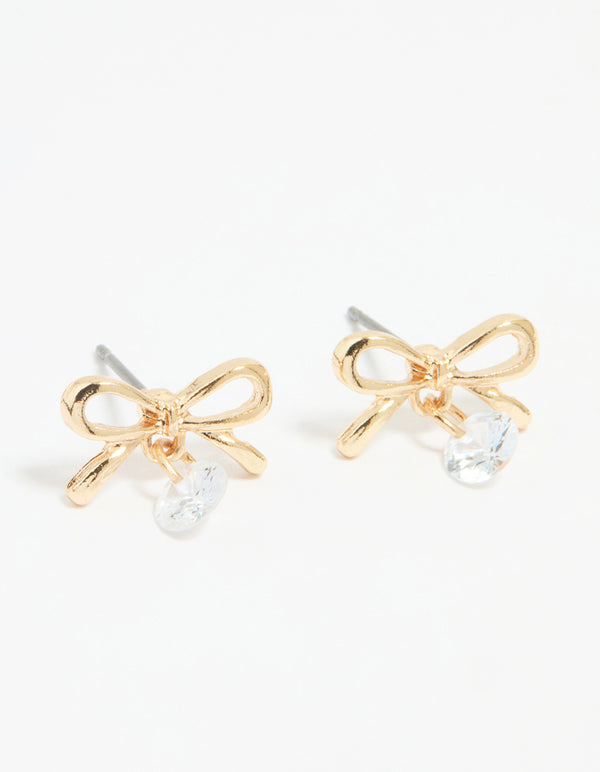 Gold Diamante Bow Stud Earrings