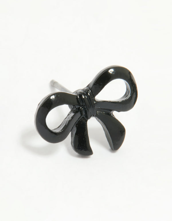 Black Coated Metal Ribbon Bow Stud Earrings