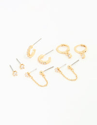 Gold Plated Cubic Zirconia Dainty Chain & Huggie Earrings 4-Pack - link has visual effect only