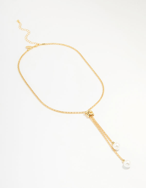 Gold Plated Pearl Lariat Adjustable Necklace