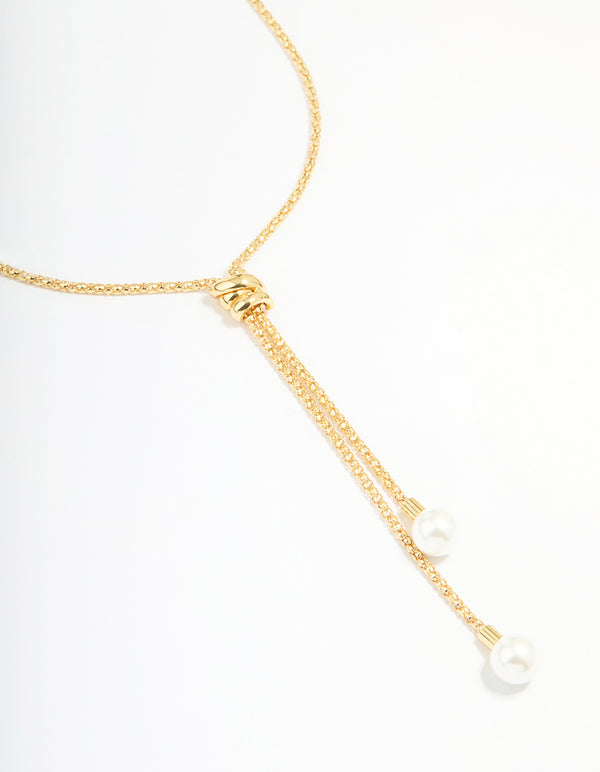 Gold Plated Pearl Lariat Adjustable Necklace