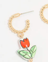 Gold Red Ceramic Flower Huggie Drop Earrings - link has visual effect only