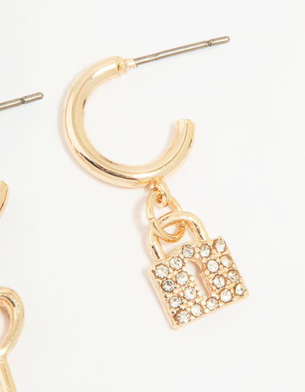 Gold Lock & Key Huggie Drop Earrings