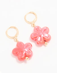 Gold Pink Flower Huggie Drop Earrings - link has visual effect only