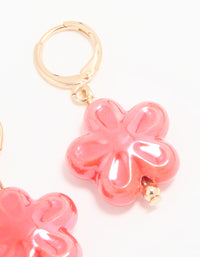 Gold Pink Flower Huggie Drop Earrings - link has visual effect only